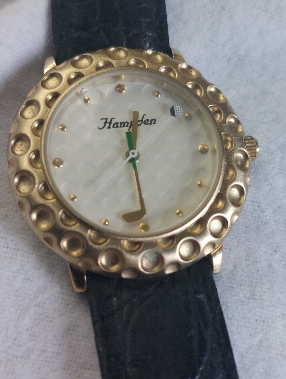 Vintage Estate Hampden Gold Golf Watch Golf Ball Bezel Leather Strap Works